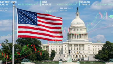 An American flag flying in front of the U.S. Capitol building with financial stock charts overlaid.