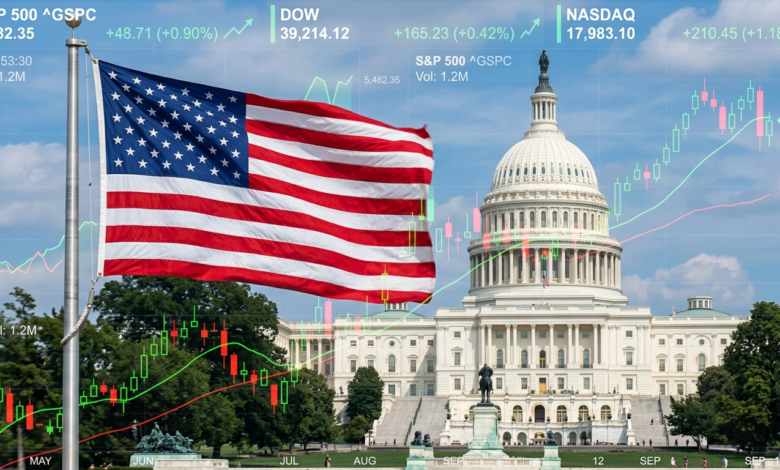 An American flag flying in front of the U.S. Capitol building with financial stock charts overlaid.